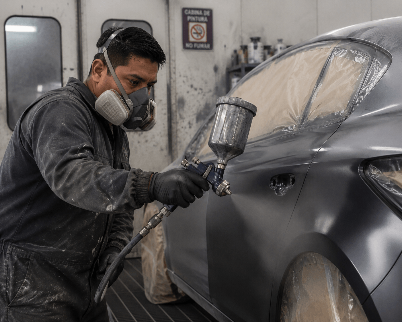 Técnico aplicando pintura a un auto en la cabina de pintura